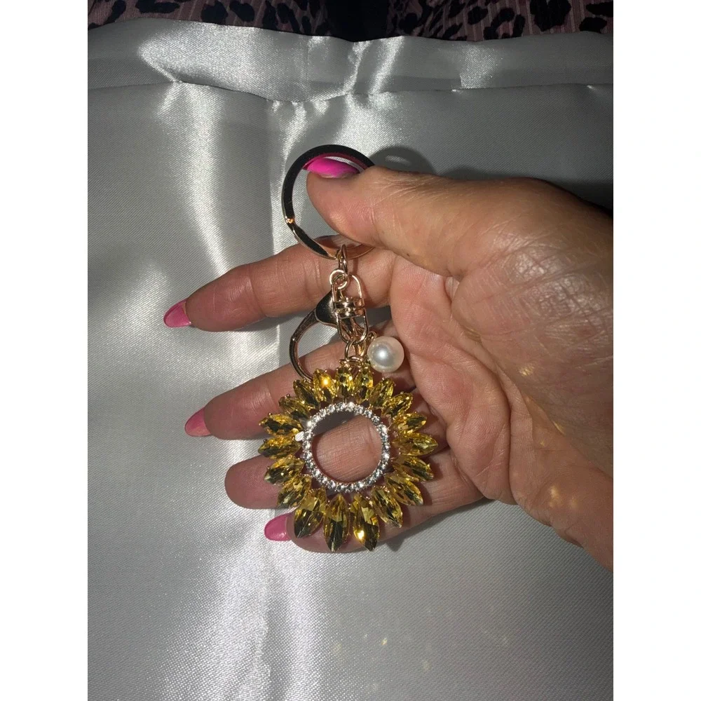 Sunflower Crystal Keychain Yellow Gold Tone Floral Bag Charm with Pearl Accent